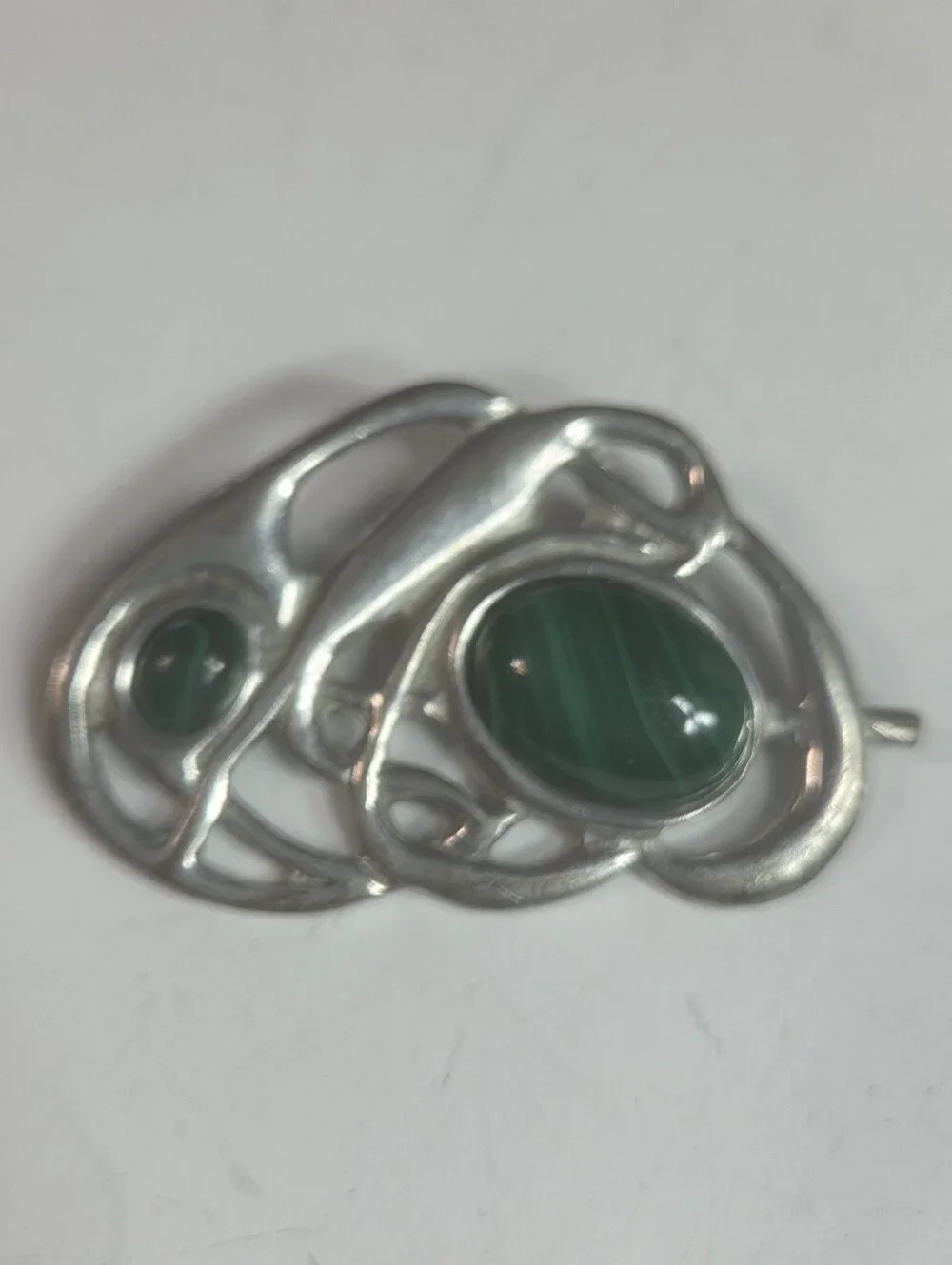 st justin pewter brooch abstract free form malachite cabochon stone green silver